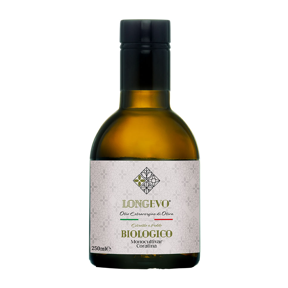 bottiglia 250ml olio extravergine di oliva biologico monocultivar coratina frantoio de palma corato