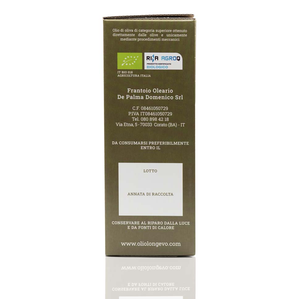 rina-agroq-evo-biologico-bag-in-box-3-litri vista laterale confezione 3 litri di olio extavergine biologico certificato